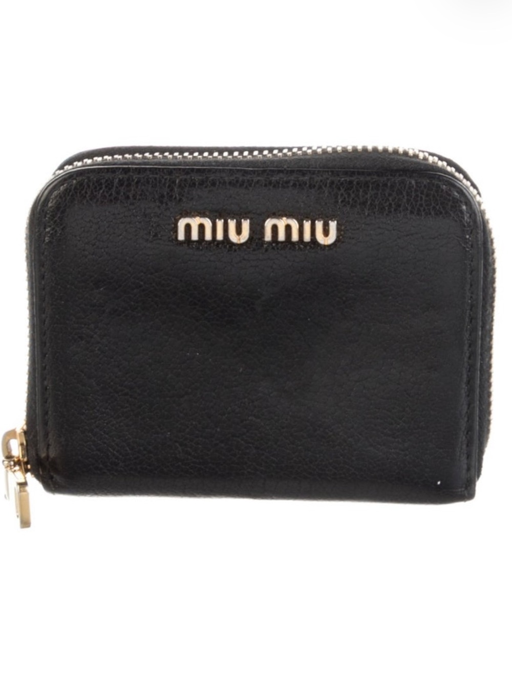 Miu Miu Black Leather Zip Card & Coin Pouch with Gold Logo